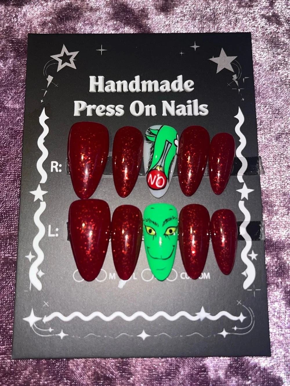 Handmade Red Glitter & Green Accent Press-On Nails